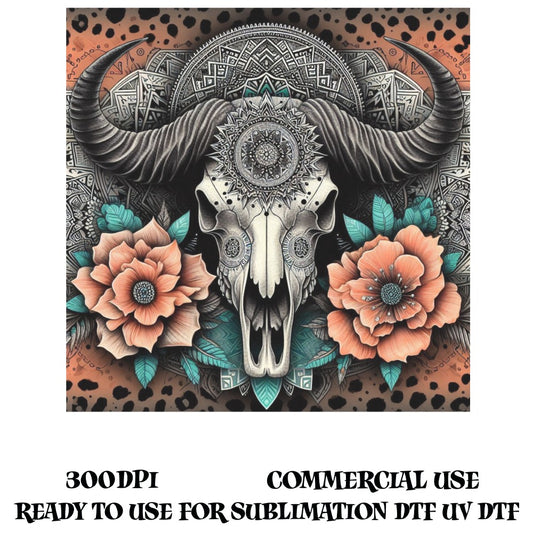 Boho Bull Skull Print, Floral Mandala Art, Sublimation DTF UV Ready, 300DPI High Resolution Commercial Use Digital Download