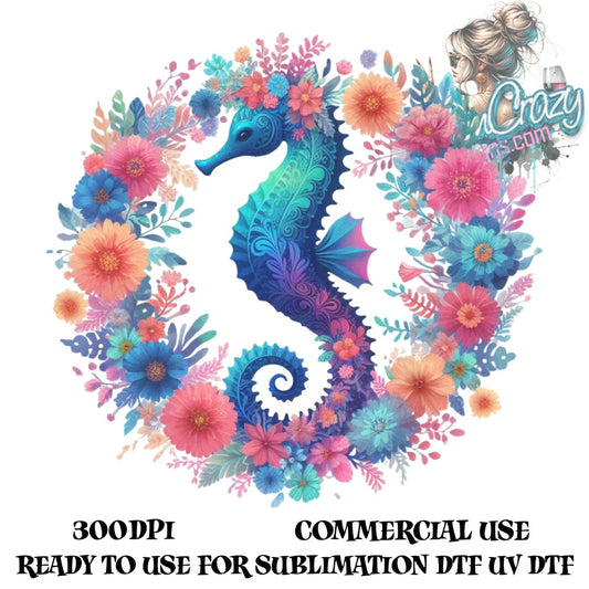 Colorful Seahorse Floral Wreath Graphic for Sublimation, Commercial Use, Digital Download, UV DTG Ready, Vibrant Ocean Theme Decor