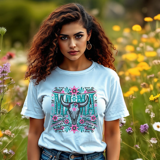 Bohemian Skull Print T-Shirt, Floral Mandala Women's Tee, Trendy Graphic Top, Casual Streetwear, Soft Cotton Shirt
