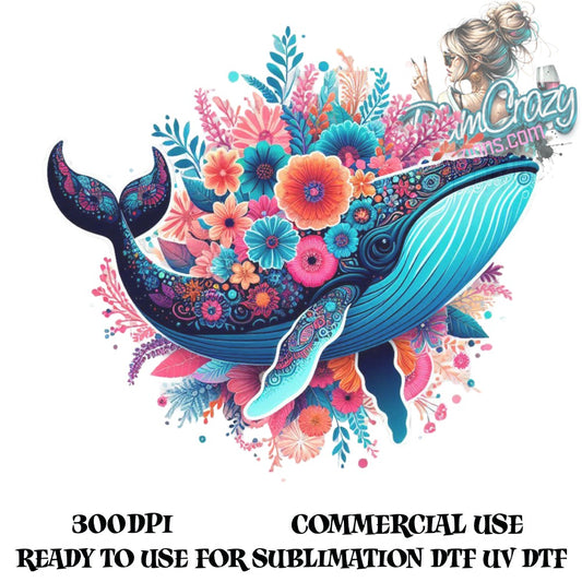 Colorful Whale and Floral Design, Digital Download for Sublimation, Commercial Use, DTF, UV, 300DPI