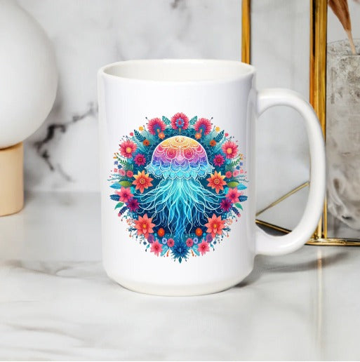 Colorful Jellyfish Floral Design Coffee Mug, Unique Ocean Theme Ceramic Cup