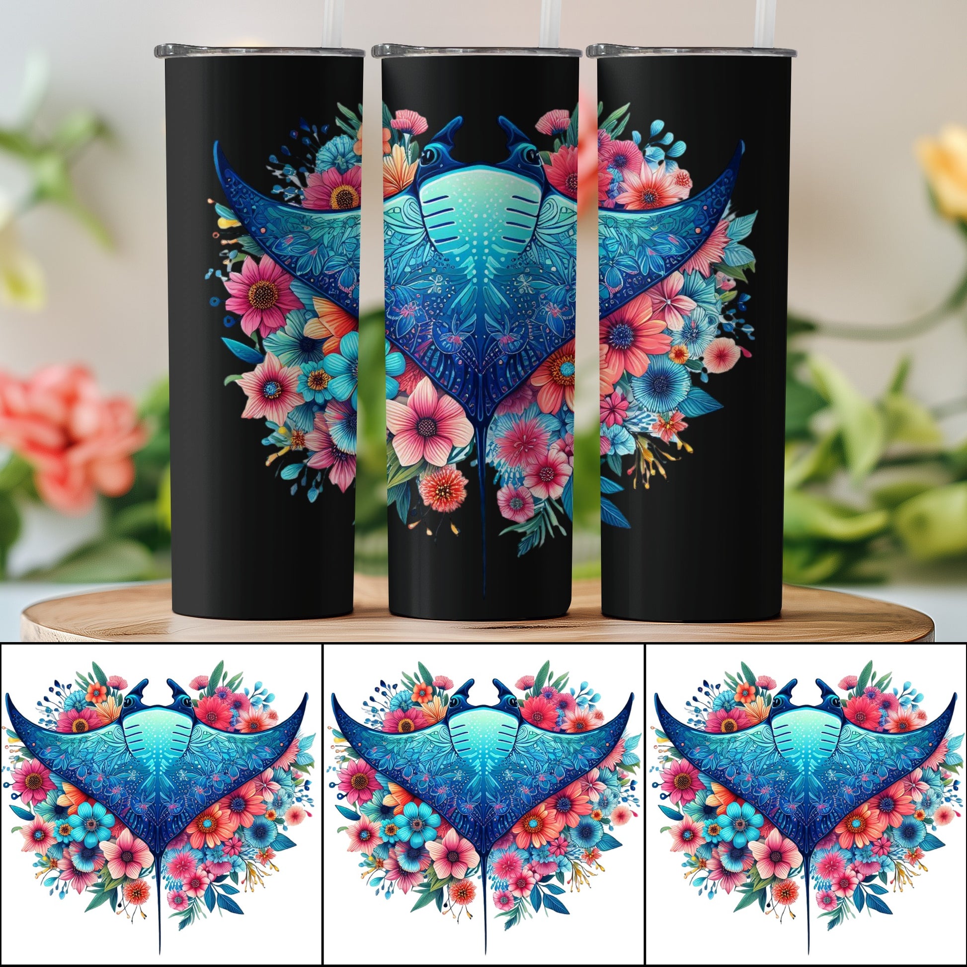 Colorful Manta Ray Floral Tumbler, Insulated Travel Cup, Ocean Themed Drinkware, Unique Gift Idea, Stainless Steel Tumblers