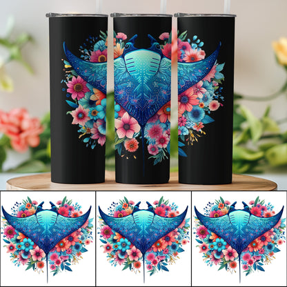 Colorful Manta Ray Floral Tumbler, Insulated Travel Cup, Ocean Themed Drinkware, Unique Gift Idea, Stainless Steel Tumblers