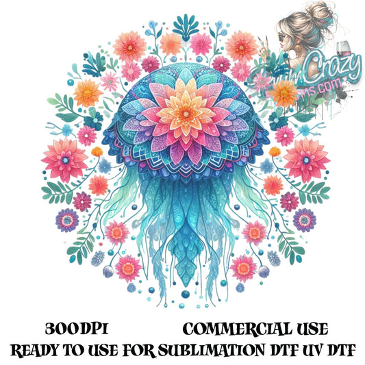 Colorful Mandala Jellyfish Design, Floral Ocean Art for Sublimation, High Quality 300dpi Digital Print, Commercial Use, UV DTF Ready