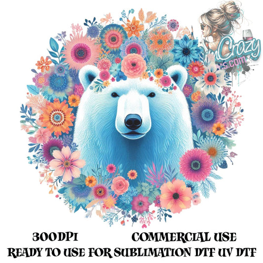 Colorful Floral Bear Digital Art Print, Sublimation Design, Commercial Use, 300DPI, UV DTF Ready, Animal Illustration