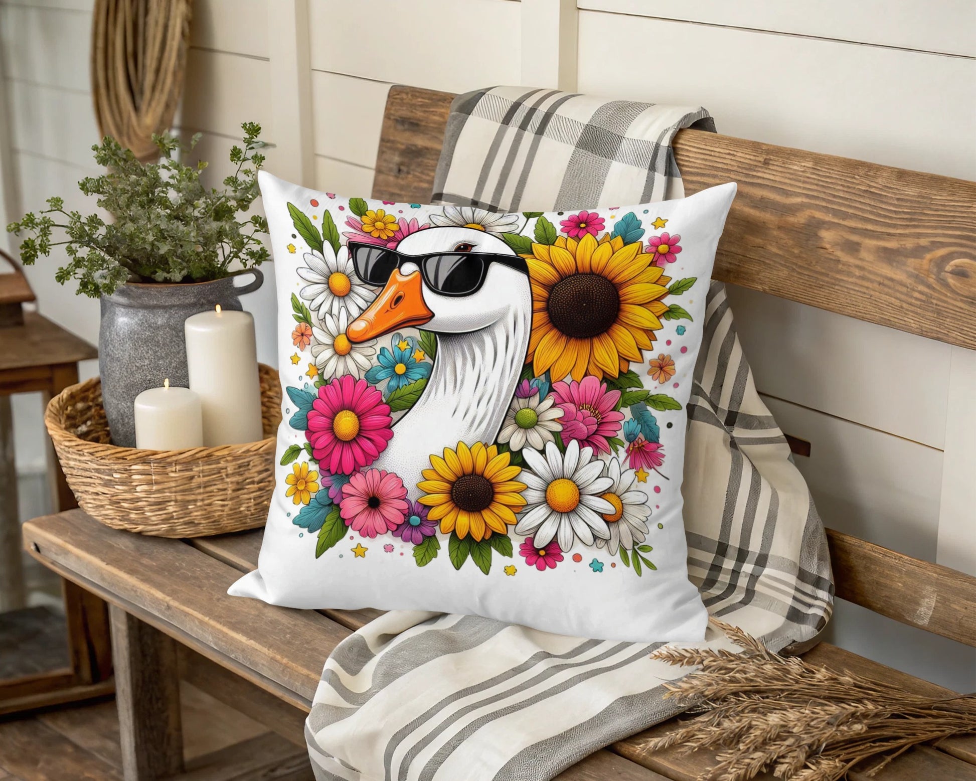 Colorful Floral Goose Print Throw Pillow, Vibrant Farmhouse Decor, Sunflower Accent Cushion
