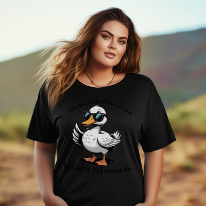 Plus Size Funny Duck Graphic Tee, Whatever Life Throws Quote T-Shirt for Women