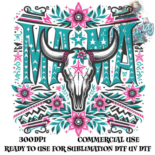 Boho Skull Clipart, Floral Bull Skull Sublimation Design, Digital Download, Commercial Use, Western Style, Pink Teal, Craft Supplies, 300DPI