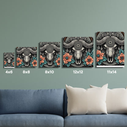 Bohemian Bull Skull Wall Art Prints, Floral Mandala Decor, Multiple Sizes Available, Set of 5 Canvas Prints