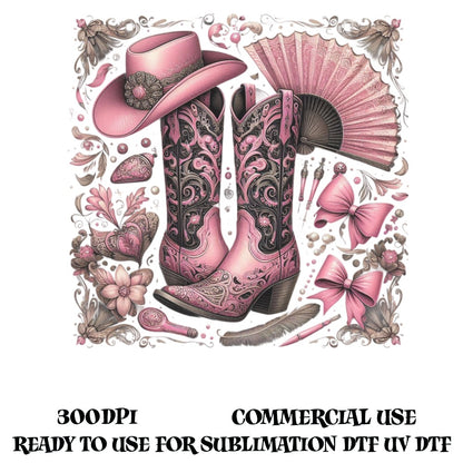Western Cowboy Boots and Hat Illustration, Pink Floral Design, Digital Download Art, Sublimation Graphics, Commercial Use, Vintage Style