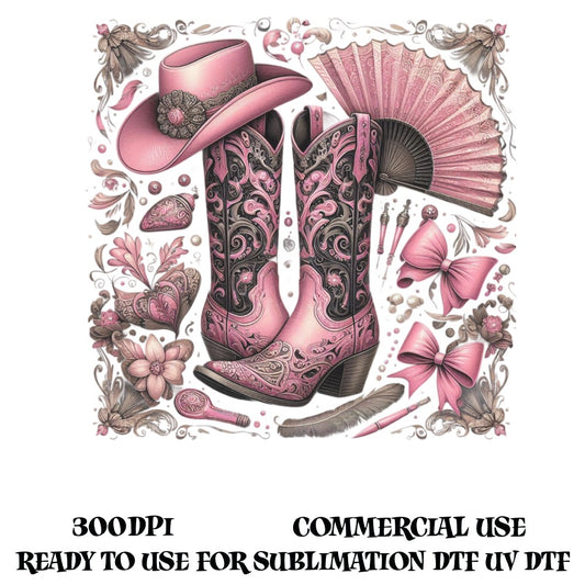 Western Cowboy Boots and Hat Illustration, Pink Floral Design, Digital Download Art, Sublimation Graphics, Commercial Use, Vintage Style