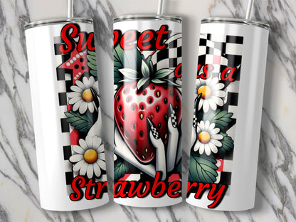 Sweet as a Strawberry Tumbler, Retro Style Floral and Fruit Design, 20oz Insulated Drinkware, Checkered Pattern