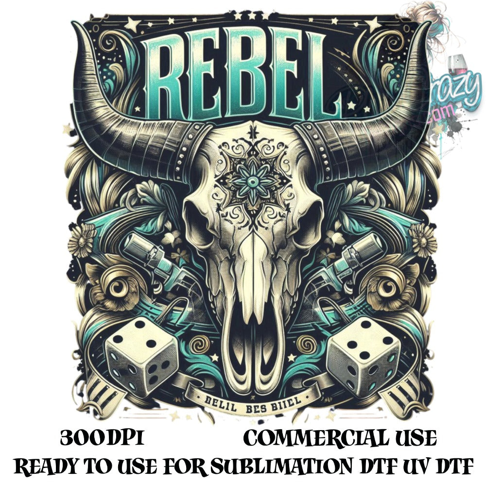 Rebel Bull Skull Graphic, Dice Tattoo Design, Commercial Use, Sublimation DTF UV Ready, 300DPI High Resolution Digital Artwork