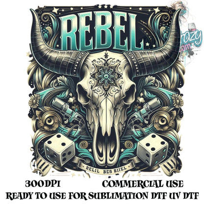 Rebel Bull Skull Graphic, Dice Tattoo Design, Commercial Use, Sublimation DTF UV Ready, 300DPI High Resolution Digital Artwork