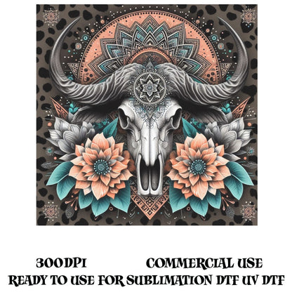 Boho Bull Skull Wall Art, Mandala Floral Animal Print, Sublimation Design, Digital Download, Home Decor, Tribal Ethnic Poster, 300 DPI