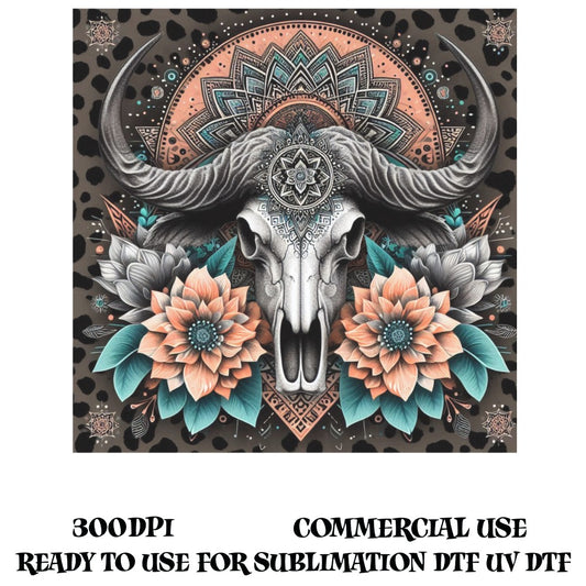 Boho Bull Skull Wall Art, Mandala Floral Animal Print, Sublimation Design, Digital Download, Home Decor, Tribal Ethnic Poster, 300 DPI