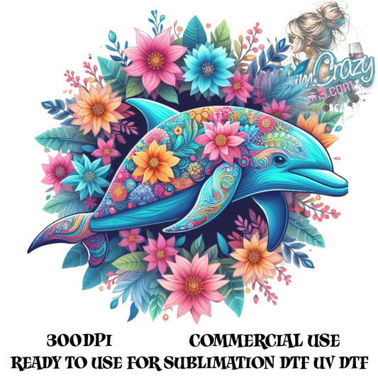 Colorful Dolphin Floral Art Print, Sublimation Design, Commercial Use, DTF UV, 300DPI, Ready to Use Digital Download