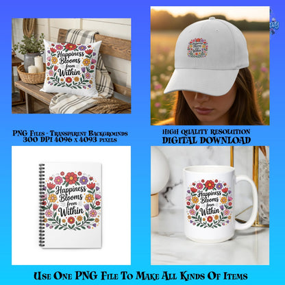 Happiness Blooms Within Pillow, Cap, Notebook, Mug SET - Digital PNG Files, High-Quality Print, Home Decor and Personal Accessories