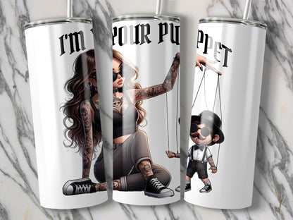 Unique Tumbler Design with Tattooed Puppeteer and Puppet Graphics, Insulated Drinkware, Gift Idea