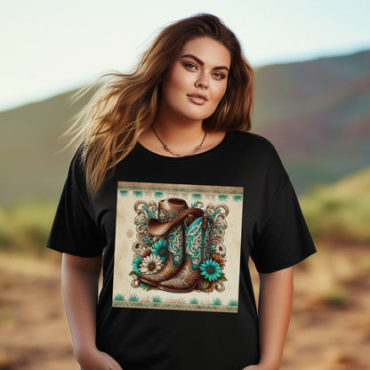 Western Cowboy Boots Graphic T-Shirt, Floral Print, Casual Women's Fashion Top, Vintage Style Apparel, Unique Gift Idea