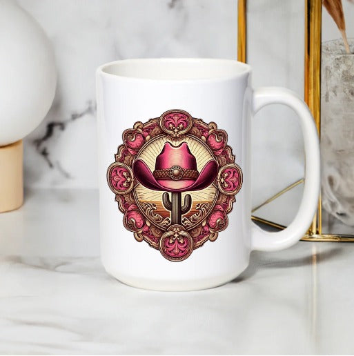 Unique Cowboy Hat and Horseshoe Design Coffee Mug, Western Style Kitchen Decor, Gift for Cowboy Enthusiasts, Ceramic White Mug