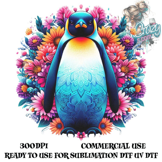 Colorful Penguin Art Print, Floral Background, Bright Colors, Sublimation Ready, Commercial Use, UV DTF, 300DPI Digital Download