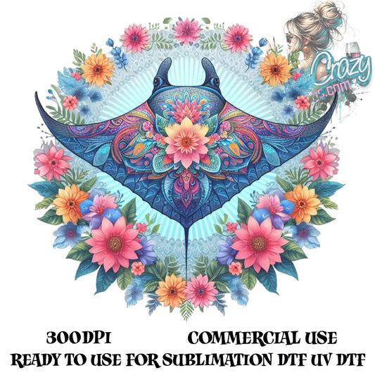 Colorful Mandala Manta Ray Sublimation Design, Floral Ocean Art, Digital Download, Commercial Use, DTF UV Print, Ready to Use, 300DPI