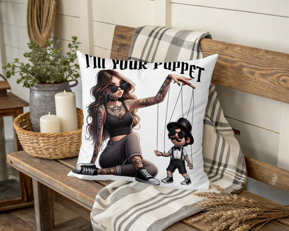 Gothic Tattooed Girl and Puppet Illustration Throw Pillow, Unique Living Room Decor, Quirky Home Accessory