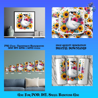 Colorful Floral Duck Artwork, High Resolution PNG Files for POD, DIY, Home Decor Digital Download