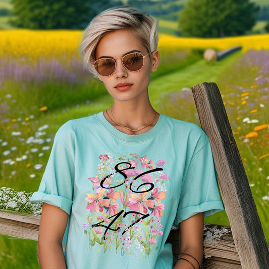Floral Pastel Summer T-shirt with 86 47 Text Product type
