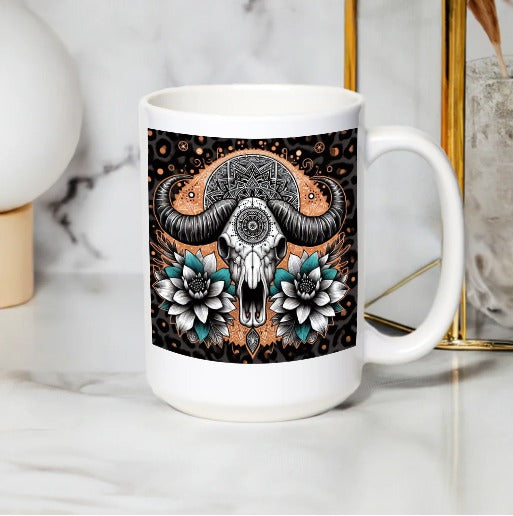 Bohemian Elephant Mug, Spiritual Mandala Design, Floral Skull Coffee Cup, Unique Gift Idea, Black and White
