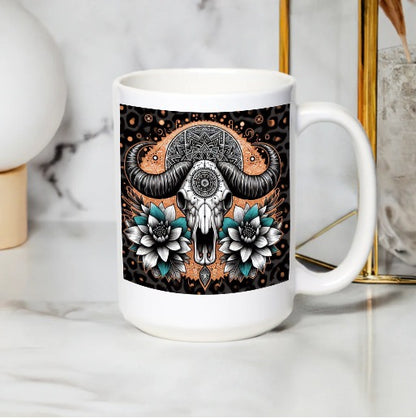 Bohemian Elephant Mug, Spiritual Mandala Design, Floral Skull Coffee Cup, Unique Gift Idea, Black and White