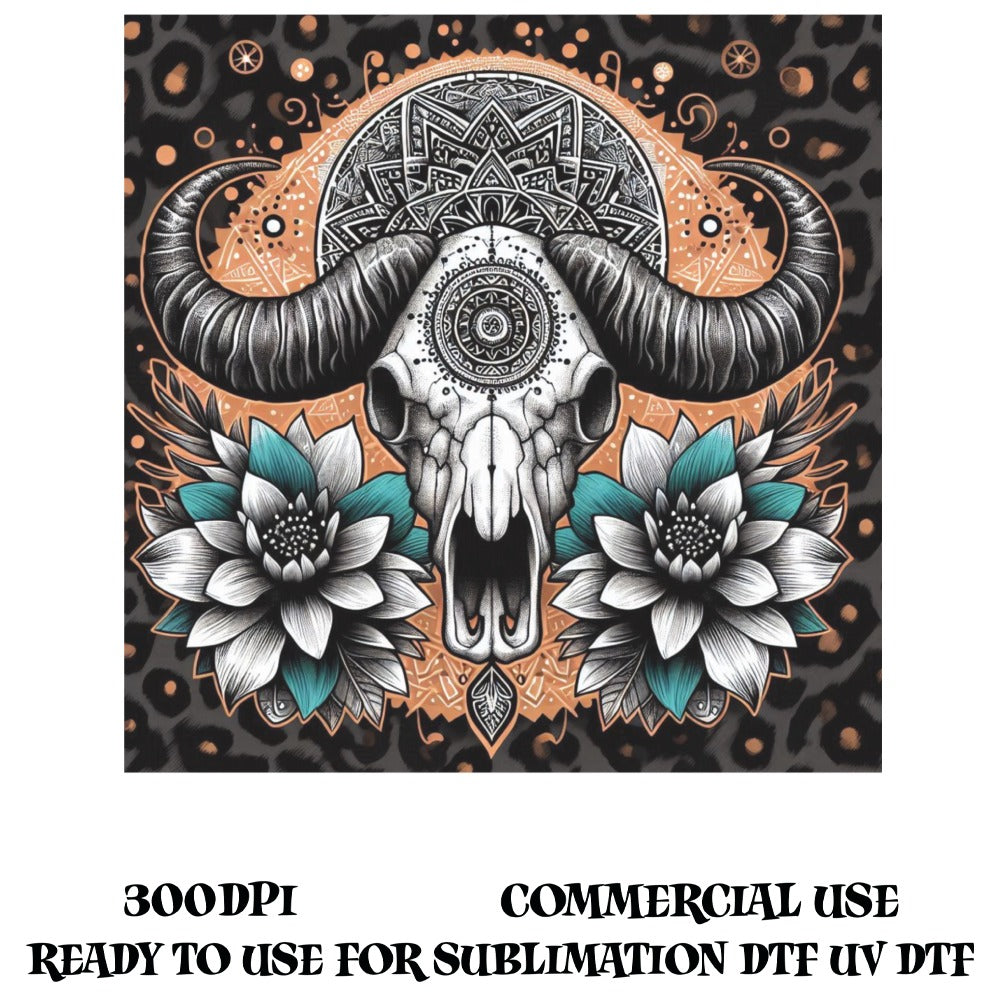 Boho Bull Skull Floral Print, Mandala Wall Art, Sublimation Design, UV DTF, Ready for Commercial Use, 300 DPI High Resolution