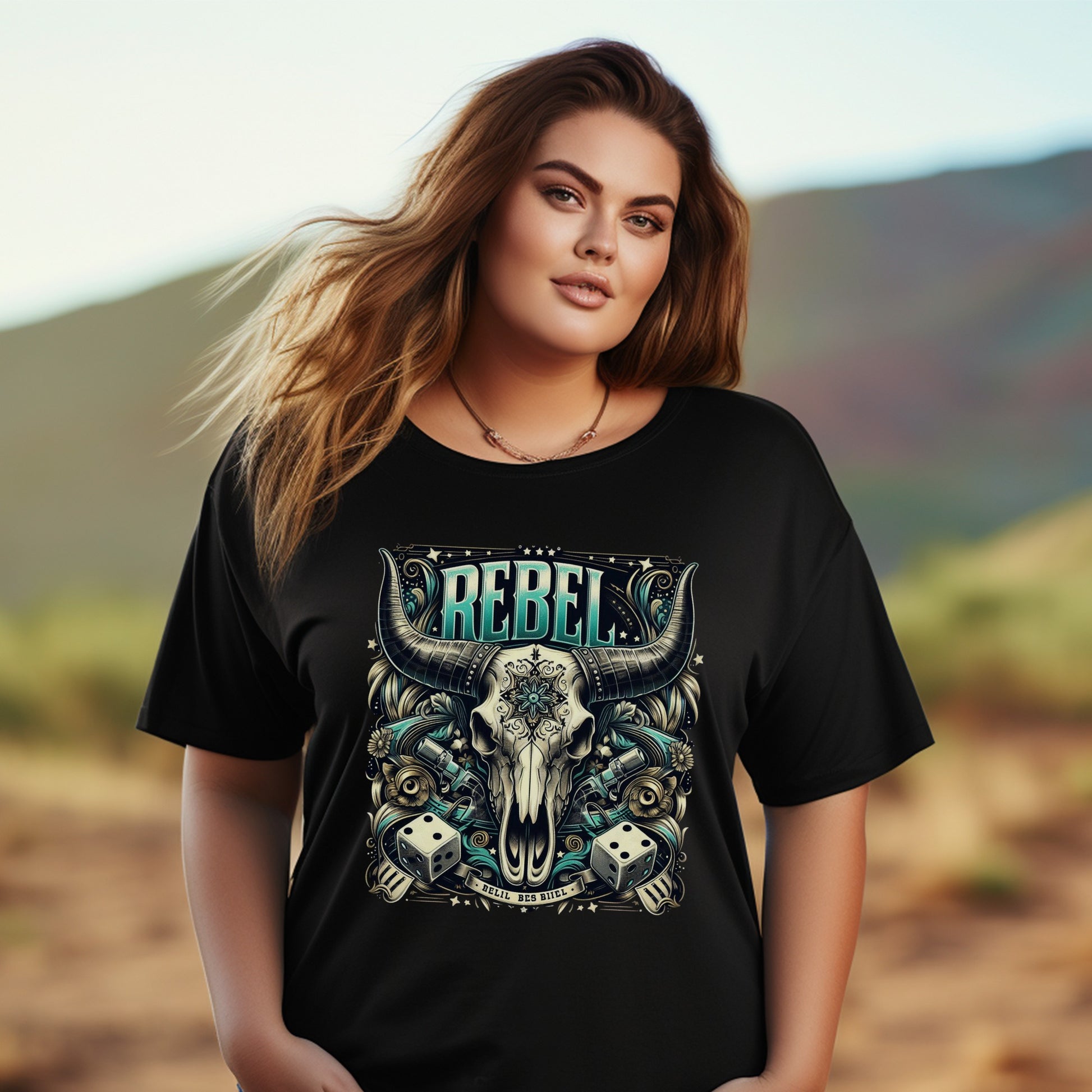 Plus Size Graphic Tee, Rebel Skull and Dice Design, Casual Black T-Shirt for Women, Trendy Streetwear Style