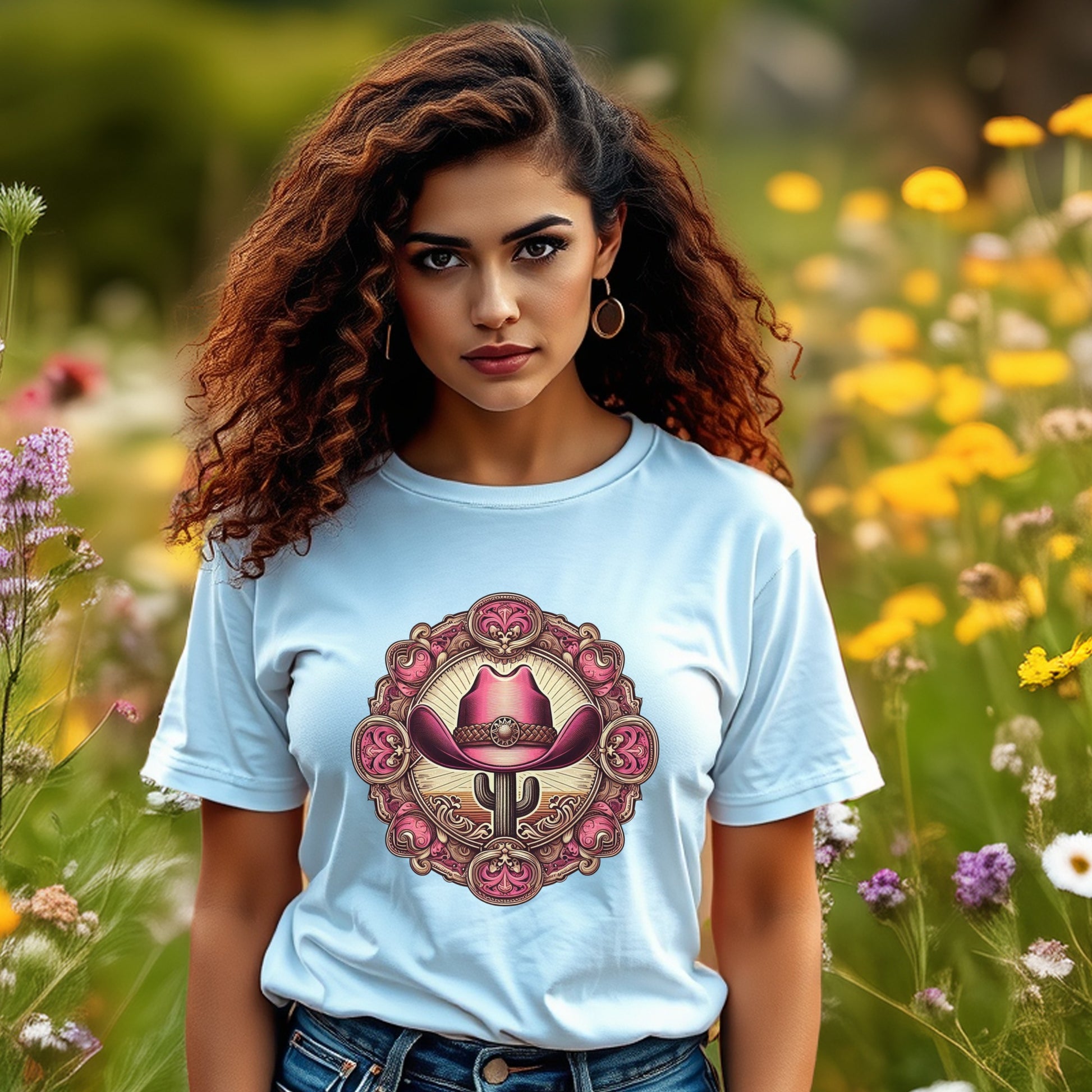 Women's Light Blue T-Shirt with Mandala Print, Casual Soft Cotton Tee, Stylish Summer Top, Floral Graphic Design Shirt