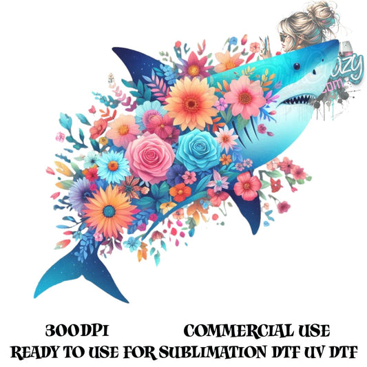 Colorful Floral Shark Design for Sublimation, Commercial Use, UV DTG Ready, 300 DPI High Resolution Digital Art