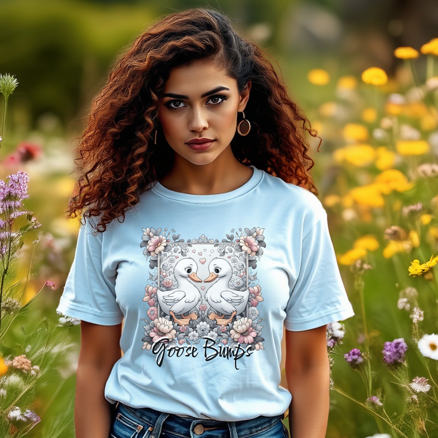 Women's Light Blue T-Shirt with Cute Goose Graphic, Floral Summer Casual Tee, Soft Cotton Top, Fashionable Streetwear Shirt