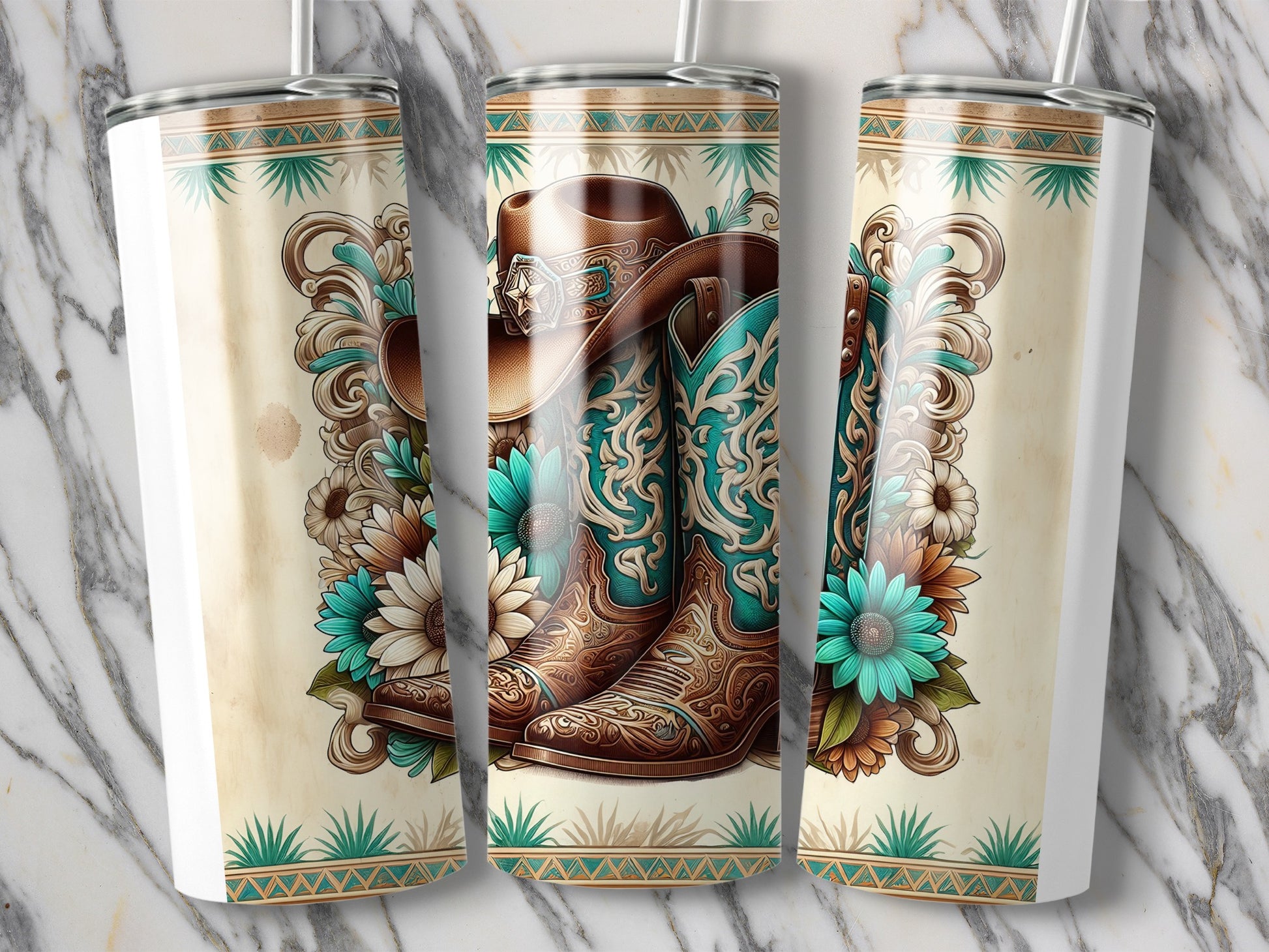 Western Cowboy Boots Tumbler, Floral and Leather Design, Stainless Steel Insulated Cup