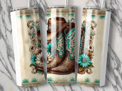 Western Cowboy Boots Tumbler, Floral and Leather Design, Stainless Steel Insulated Cup