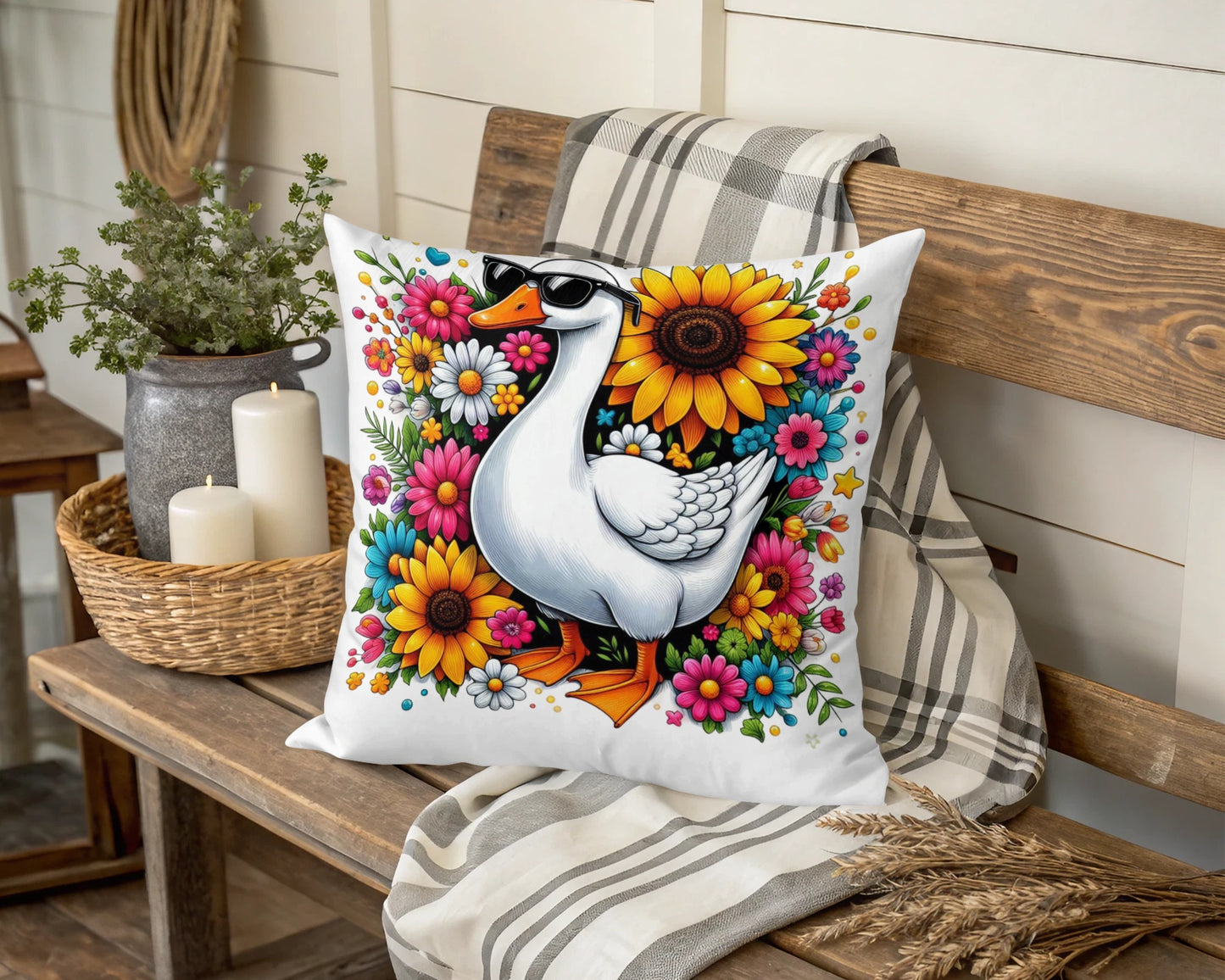 Colorful Goose Floral Pillow Cover, Decorative Spring Bird Cushion Case, Vibrant Garden Flowers Home Decor