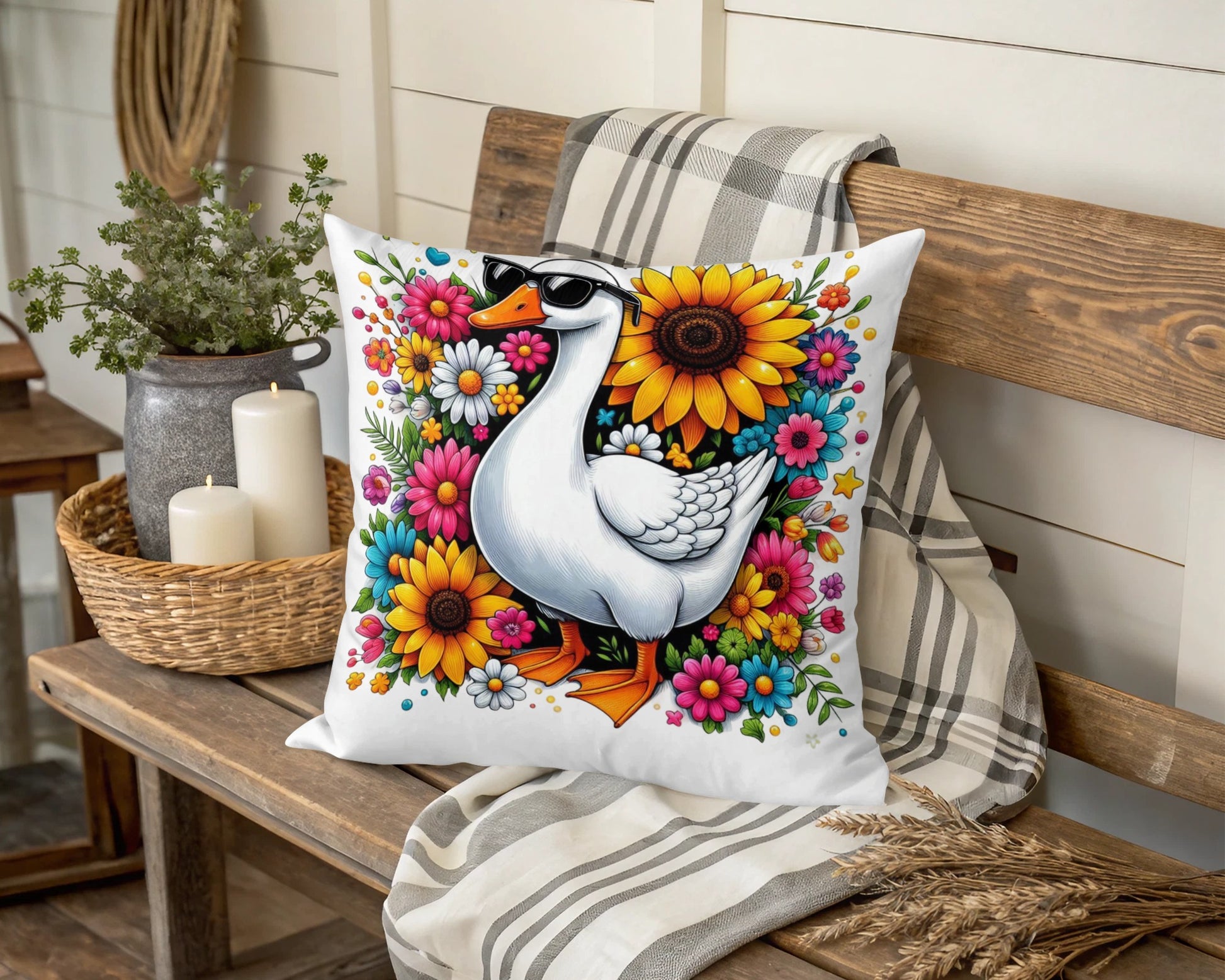 Colorful Goose Floral Pillow Cover, Decorative Spring Bird Cushion Case, Vibrant Garden Flowers Home Decor
