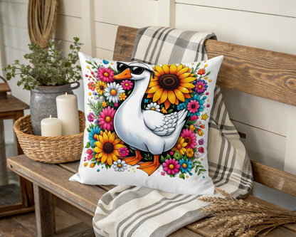 Colorful Goose Floral Pillow Cover, Decorative Spring Bird Cushion Case, Vibrant Garden Flowers Home Decor