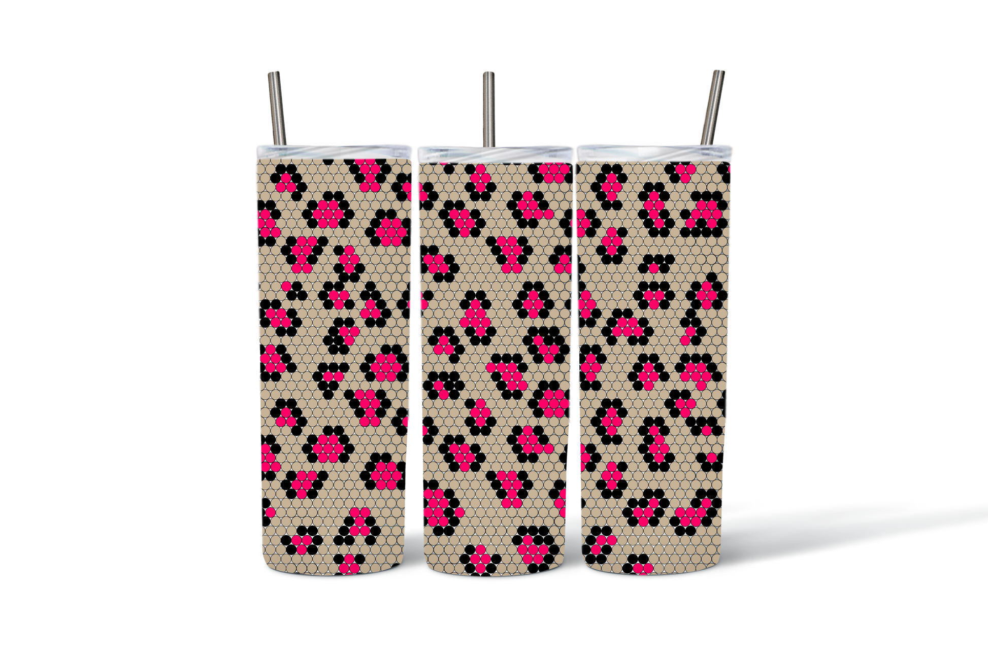 Reusable Stainless Steel Tumblers with Floral Pattern, Black Pink Flowers Insulated Cups with Straws, Set of 3