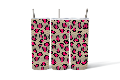 Reusable Stainless Steel Tumblers with Floral Pattern, Black Pink Flowers Insulated Cups with Straws, Set of 3