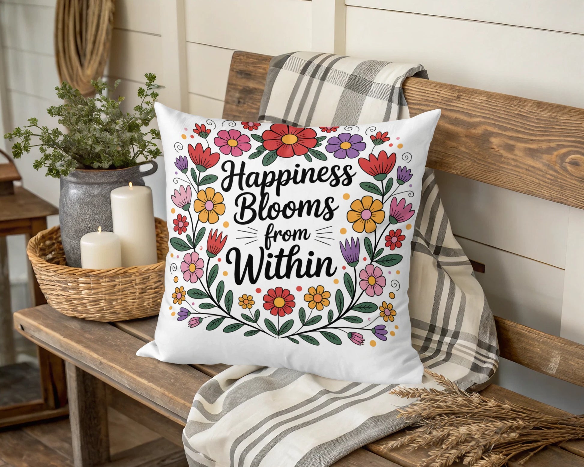Floral Inspirational Quote Throw Pillow, Colorful Garden Flowers, Home Decor, Happiness Blooms from Within Cushion