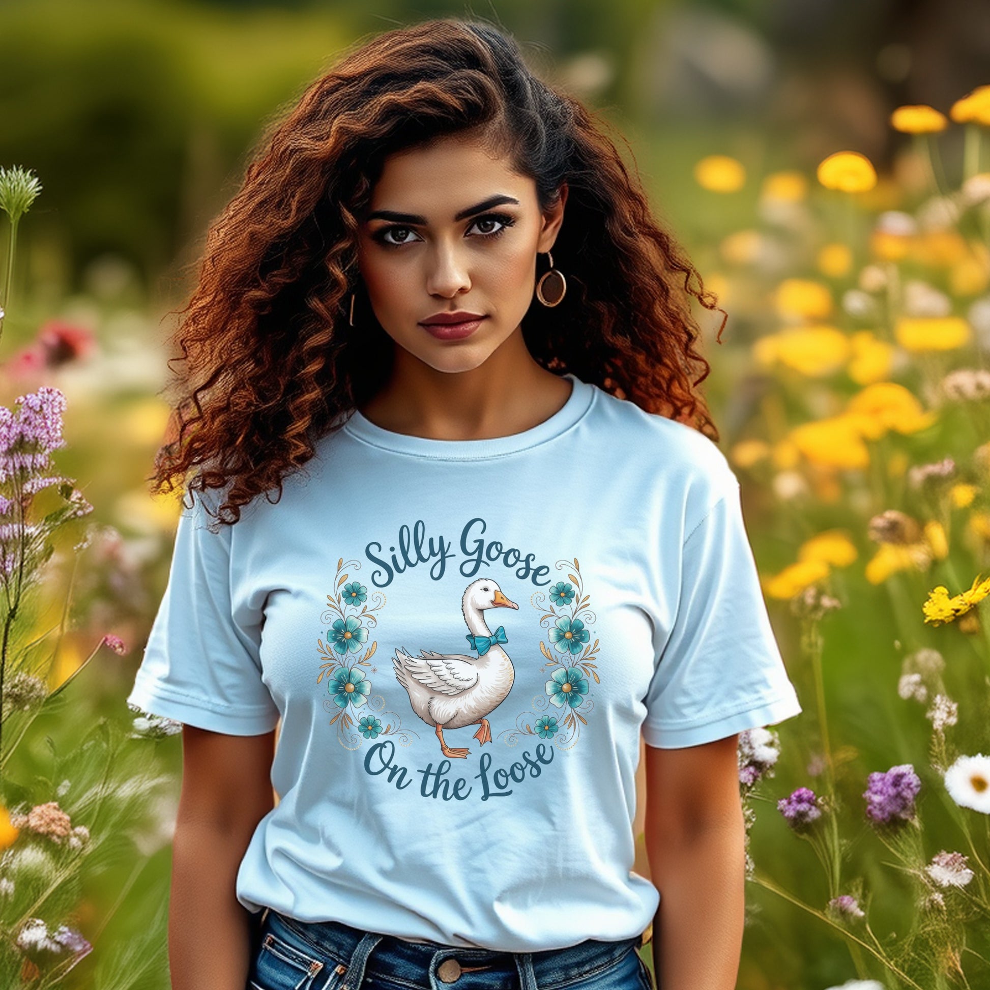 Women's Light Blue T-Shirt, Silly Goose Graphic, Casual Summer Top, Floral Nature Design, Soft Cotton Tee