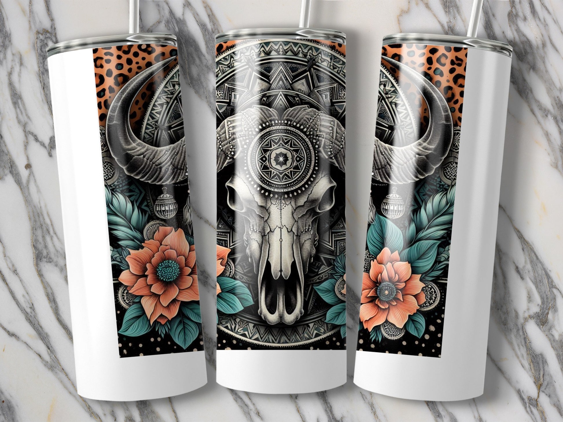 Boho Chic Skull Tumbler, Stainless Steel Insulated Cup, Floral Bull Design, Unique Gift Idea, Travel Mug