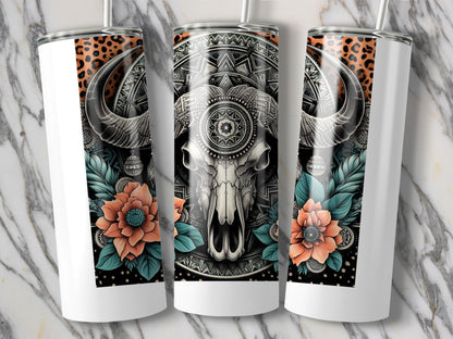 Boho Chic Skull Tumbler, Stainless Steel Insulated Cup, Floral Bull Design, Unique Gift Idea, Travel Mug
