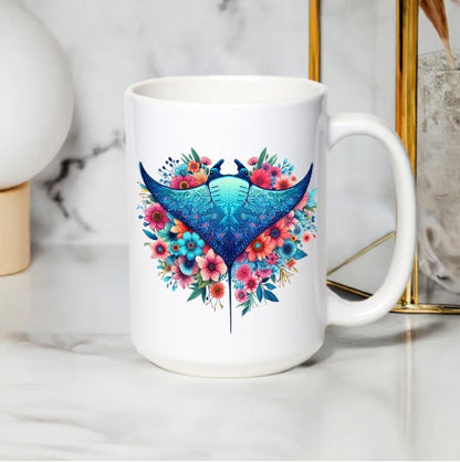 Floral Whale Tail Mug, Colorful Ocean Animal Coffee Cup, Unique Marine Life Gift, Ceramic Mug for Home or Office Decor