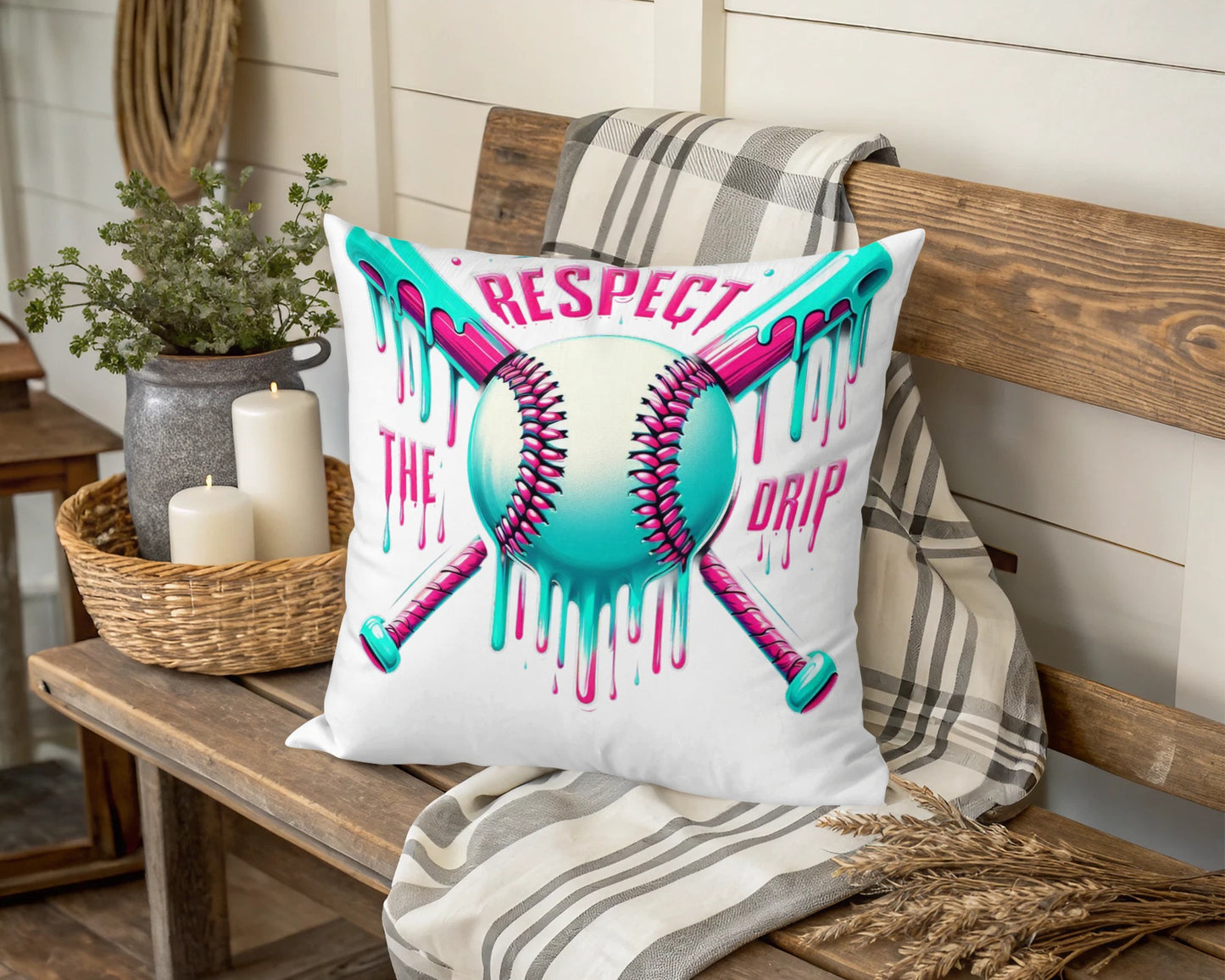 Respect The Drip Baseball Graphic Throw Pillow, Trendy Home Decor, Softball Fan Gift, Unique Design Cushion